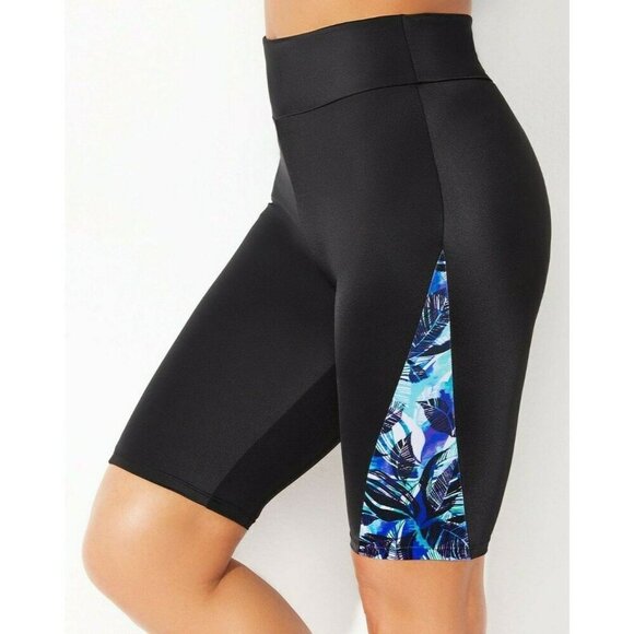 Swimsuits For All 12 Black Leaf Teal Print On Sides Pull-On Swim Bike Shorts - Picture 3 of 5